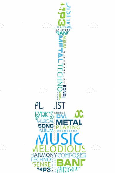 Electric Guitar Made of Music Word Collage